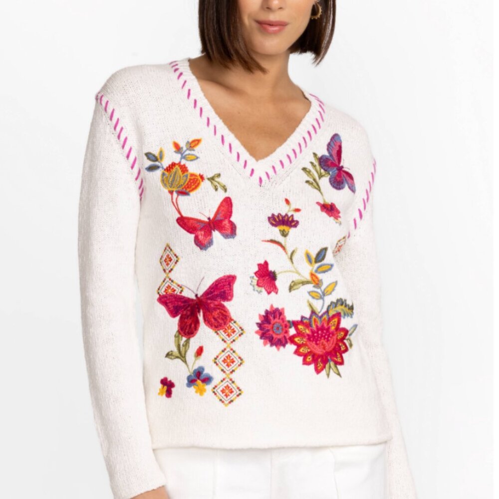 Johnny Was Gracie Whipstitch Sweater - Floral Embroidery